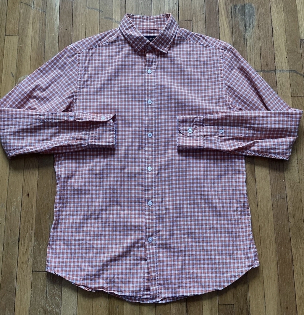 Massimo Dutti Men's Medium Orange/White Checked Button Front Shirt,100% Cotton